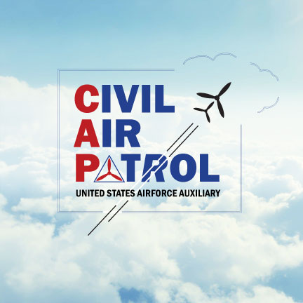 A logo design of the words Civil Air Patrol with a simple jet airplane flying through the R in the word Patrol